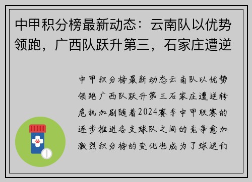 中甲积分榜最新动态：云南队以优势领跑，广西队跃升第三，石家庄遭逆转危机加剧