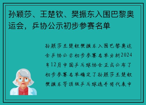 孙颖莎、王楚钦、樊振东入围巴黎奥运会，乒协公示初步参赛名单