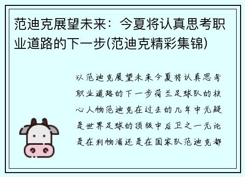 范迪克展望未来：今夏将认真思考职业道路的下一步(范迪克精彩集锦)