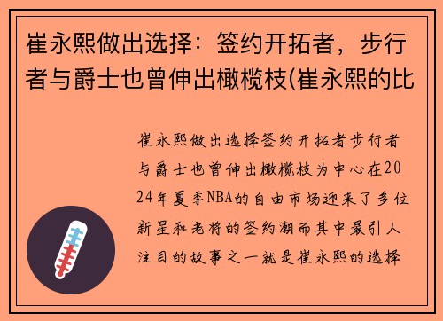 崔永熙做出选择：签约开拓者，步行者与爵士也曾伸出橄榄枝(崔永熙的比赛视频)