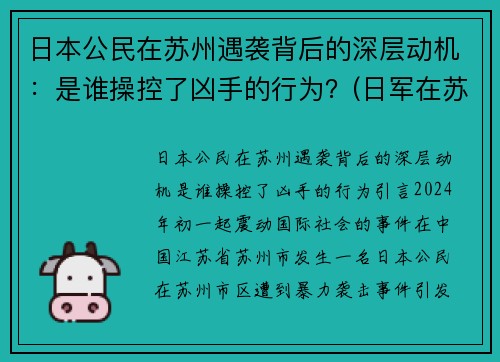 日本公民在苏州遇袭背后的深层动机：是谁操控了凶手的行为？(日军在苏州的罪行)