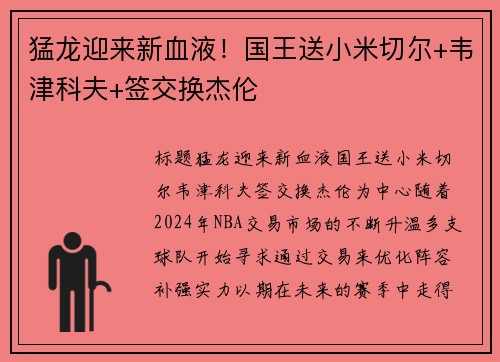 猛龙迎来新血液！国王送小米切尔+韦津科夫+签交换杰伦