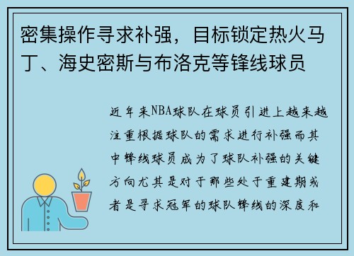 密集操作寻求补强，目标锁定热火马丁、海史密斯与布洛克等锋线球员